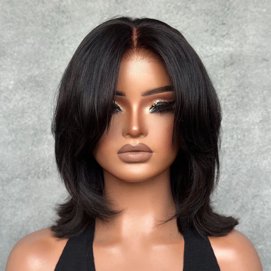 Natural black layered bob wig with sleek swoop bangs
