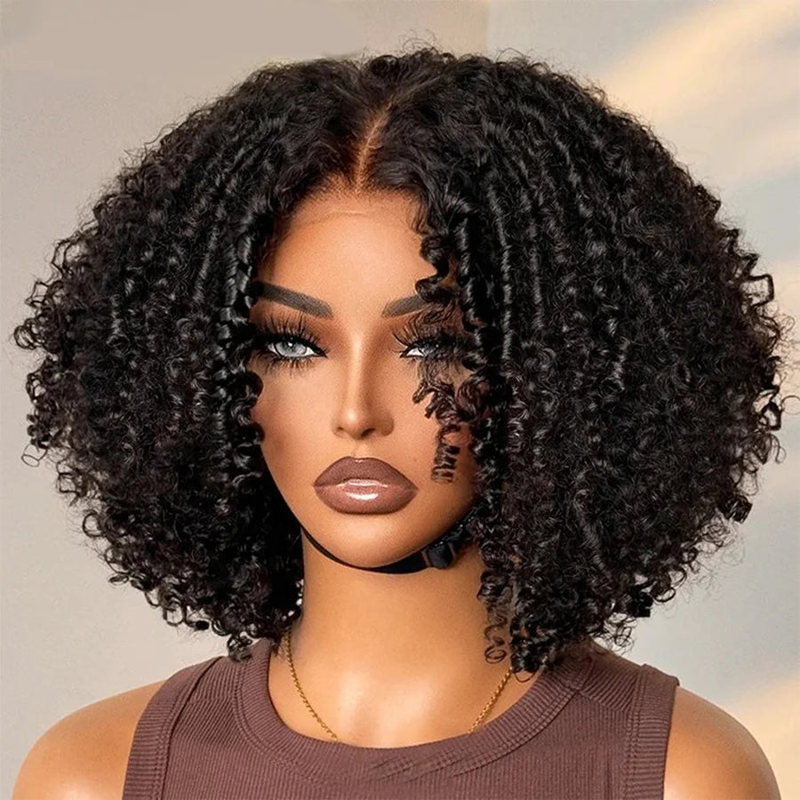 Natural black coily curly pre-cut lace closure wig