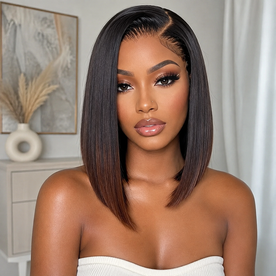 Asymmetric short straight ombré brown bob wig