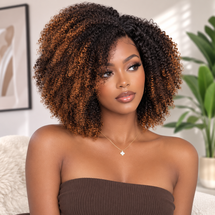 Black-to-golden-brown dip-dyed coily wave wig
