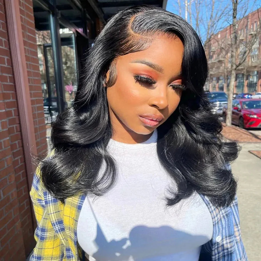 Natural black shoulder-length loose wavy layered wig