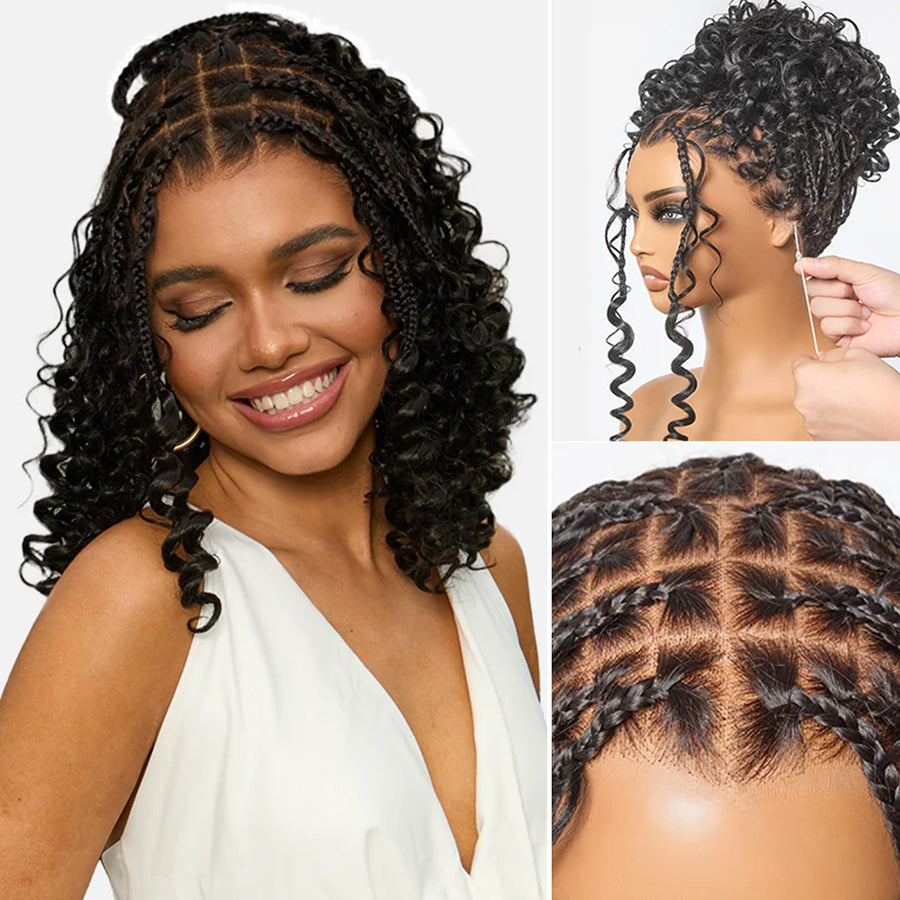 Natural black full-lace knotless boho curls braided bob wig